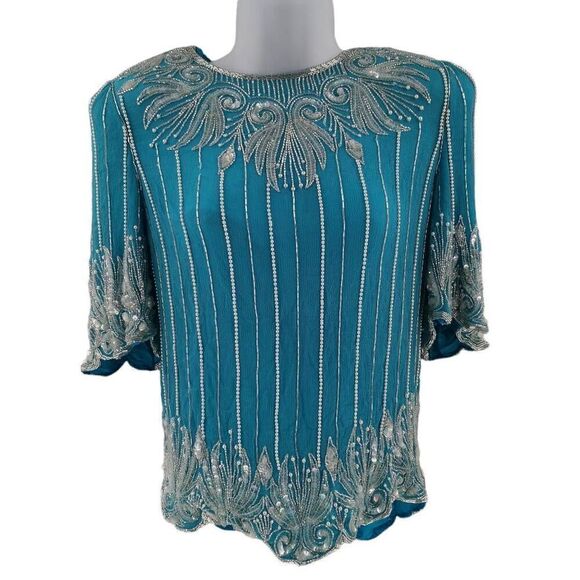 Vintage Judith Ann Creations Aqua Blue Silk Top Hand Embellished in Silver & Pea - Picture 1 of 3